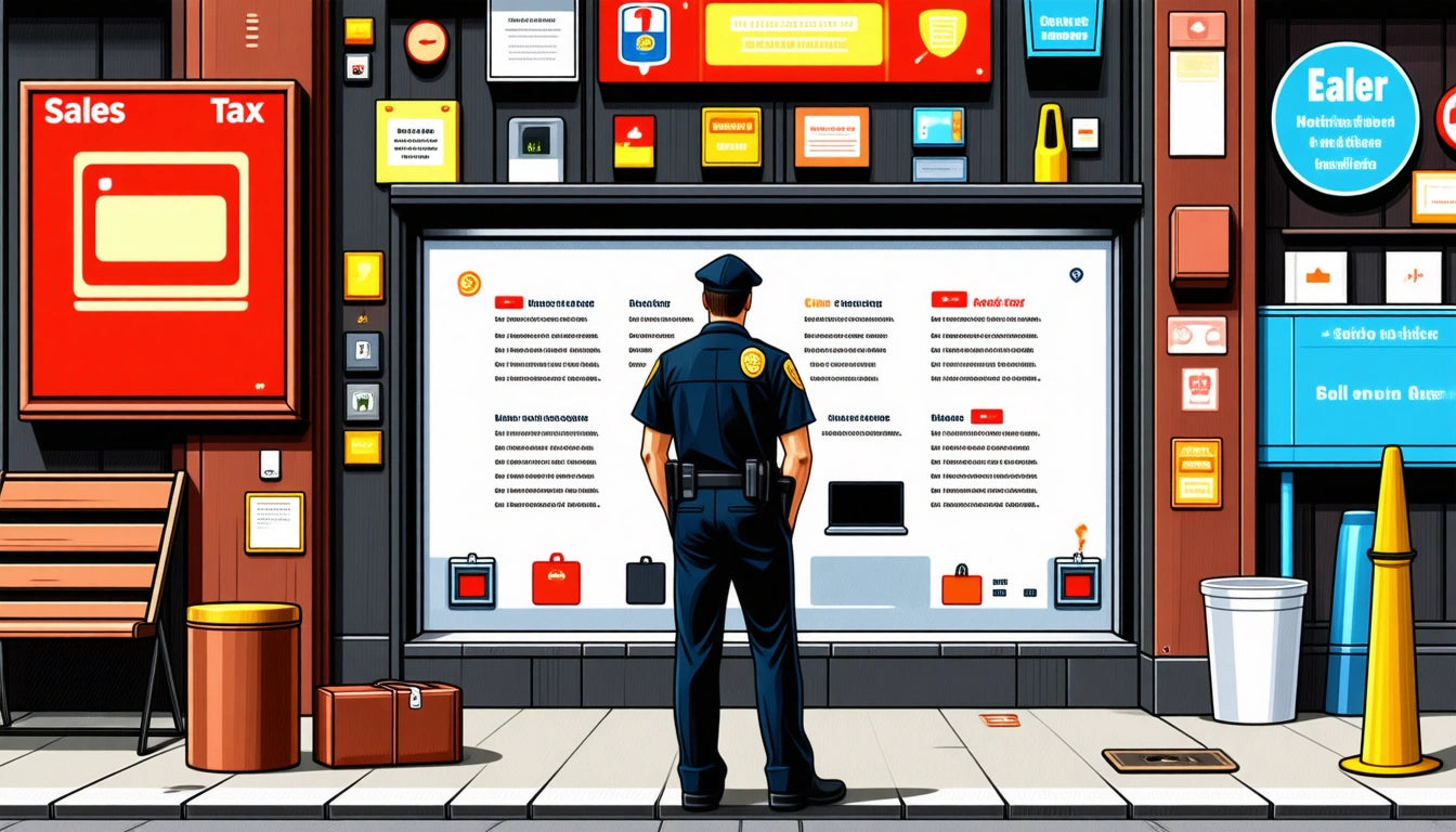 Police officer stands facing a large screen with text and icons, surrounded by colorful signs and a suitcase on the sidewalk