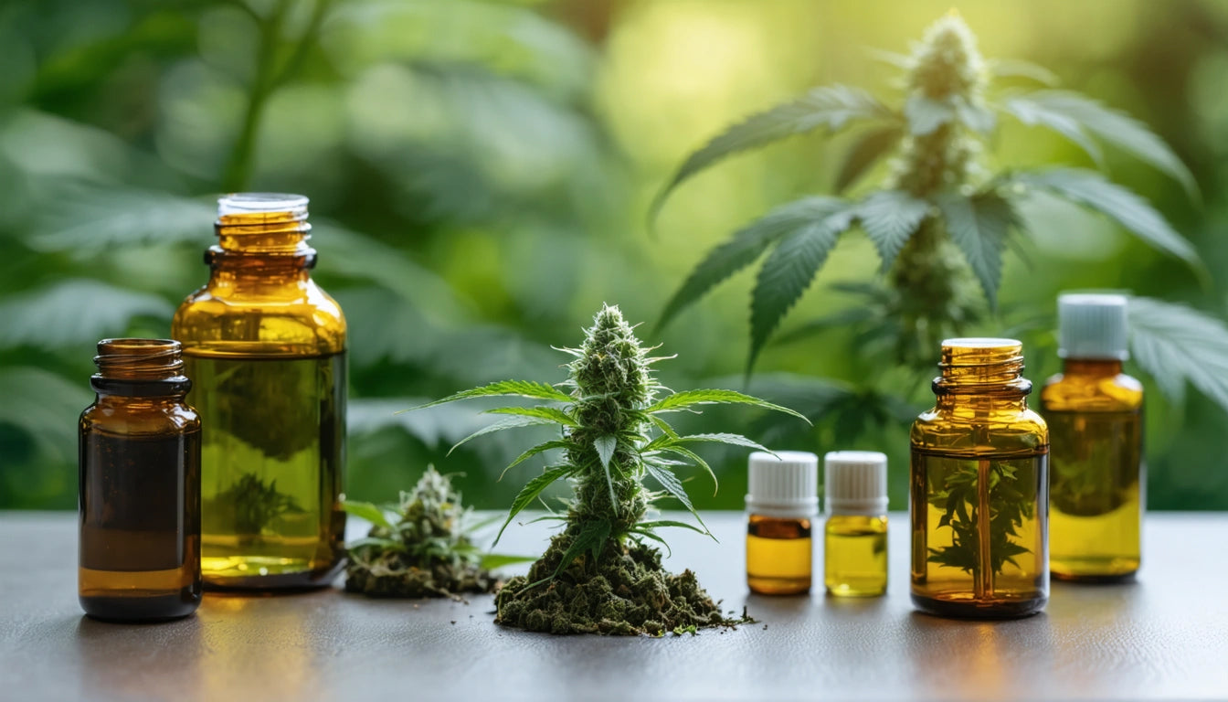 Amber glass bottles with liquid, small cannabis plant, and blurred green foliage in background