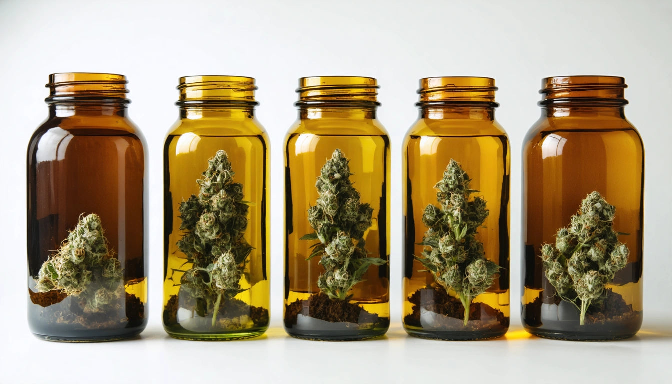 Five amber glass jars in a row, each containing a cluster of green, leafy buds against a white background