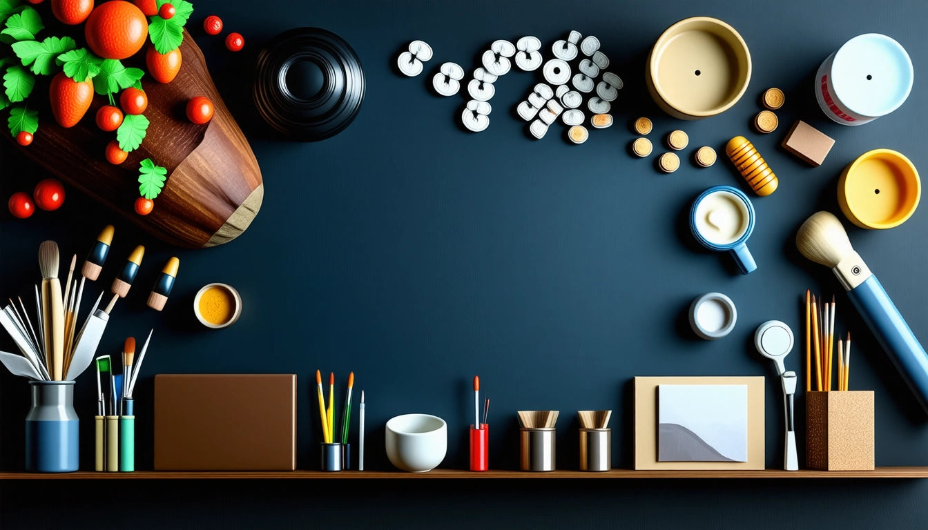 Wooden shelf with paintbrushes, jars, bowls, and a cutting board with vegetables against a dark background