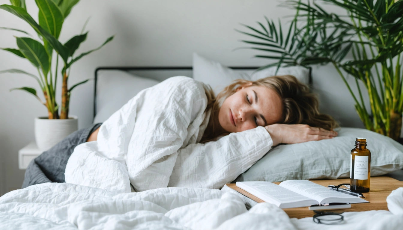 Woman sleeping on bed with white sheets, surrounded by green plants, open book, and amber bottle on wooden tray
