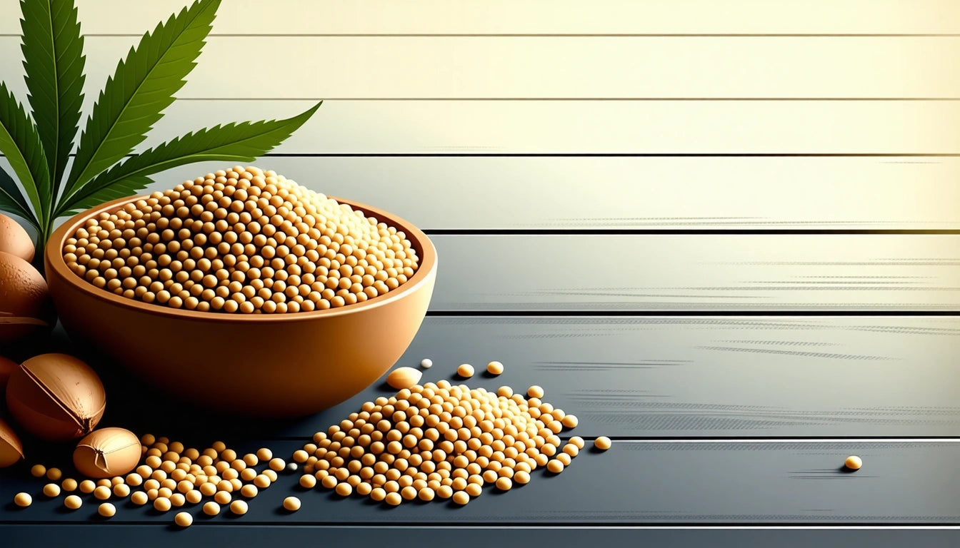 Brown bowl filled with round beige seeds, some scattered on a dark wooden surface, with green leaves in the background