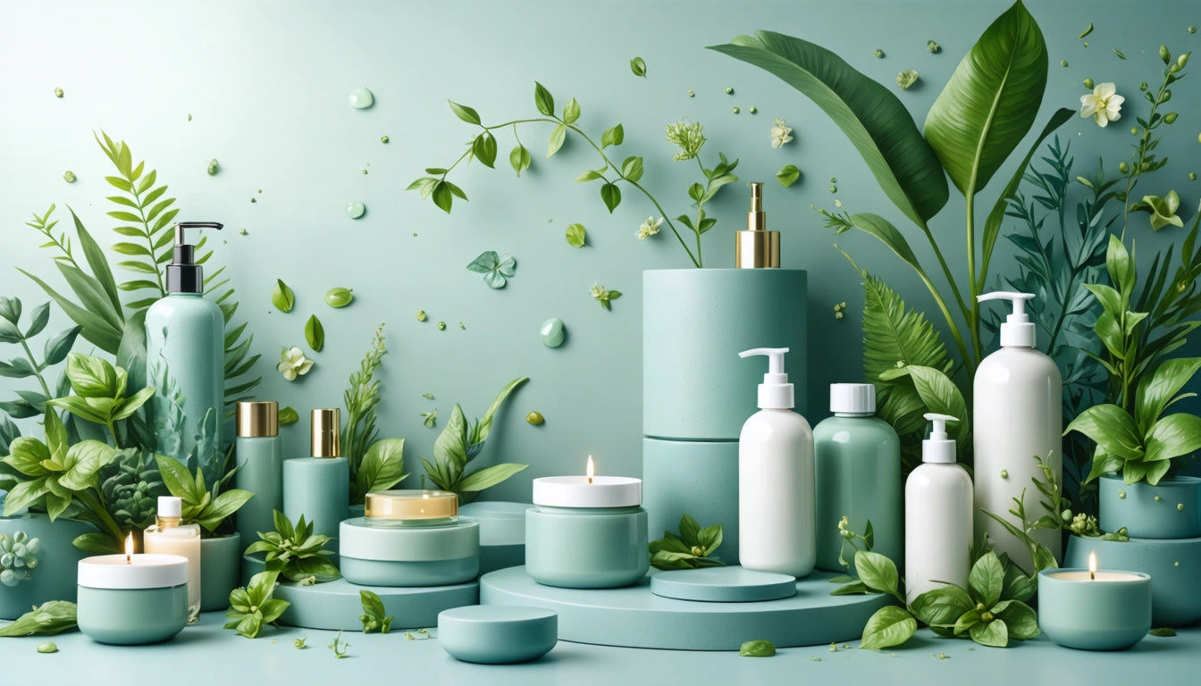 Green and white bottles and jars on a tiered platform, surrounded by lush green leaves and small candles