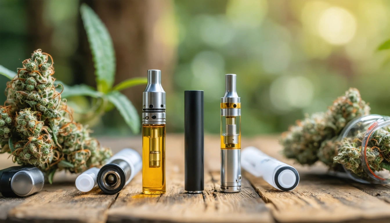Two vape pens with golden liquid stand on a wooden surface, surrounded by leafy green plants and glass containers