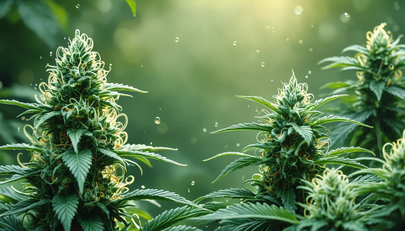 Two green plants with spiky leaves and white hairs, set against a blurred green background with soft sunlight and water droplets
