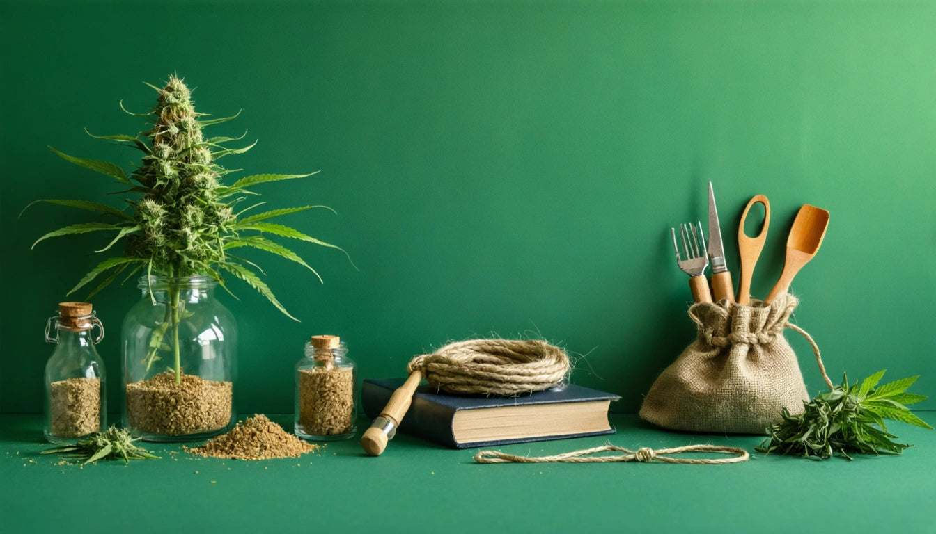 Glass jars with green plant, soil, and rope on table, book, burlap pouch with utensils, green background
