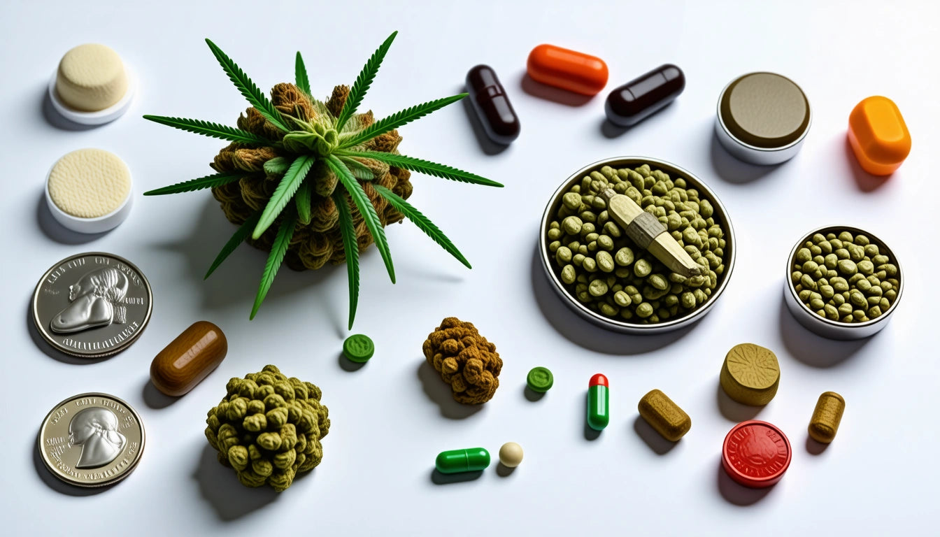 Various pills, capsules, and coins surround a cannabis bud and tins of seeds on a white surface