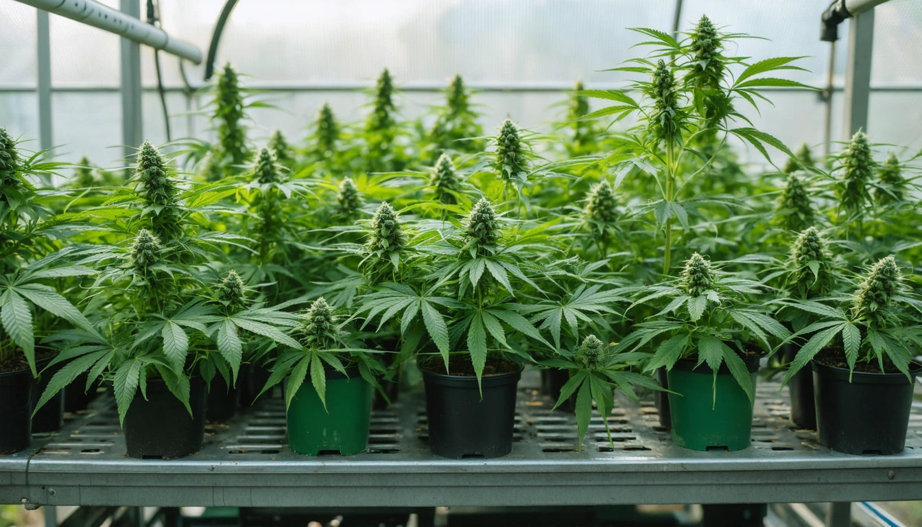 Rows of green potted plants with pointed leaves and buds on a metal shelf in a greenhouse