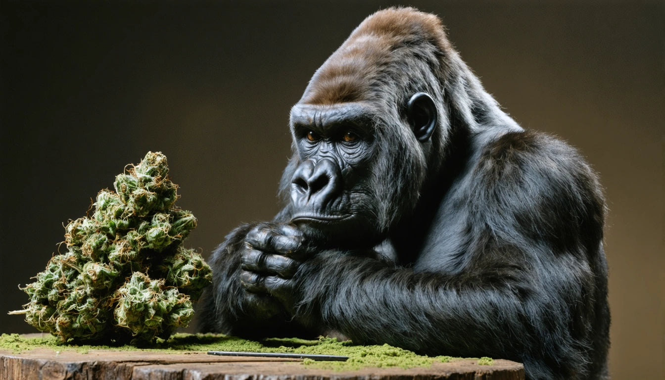 Gorilla sitting at a wooden table, looking at a pile of green plant material, with a neutral brown background