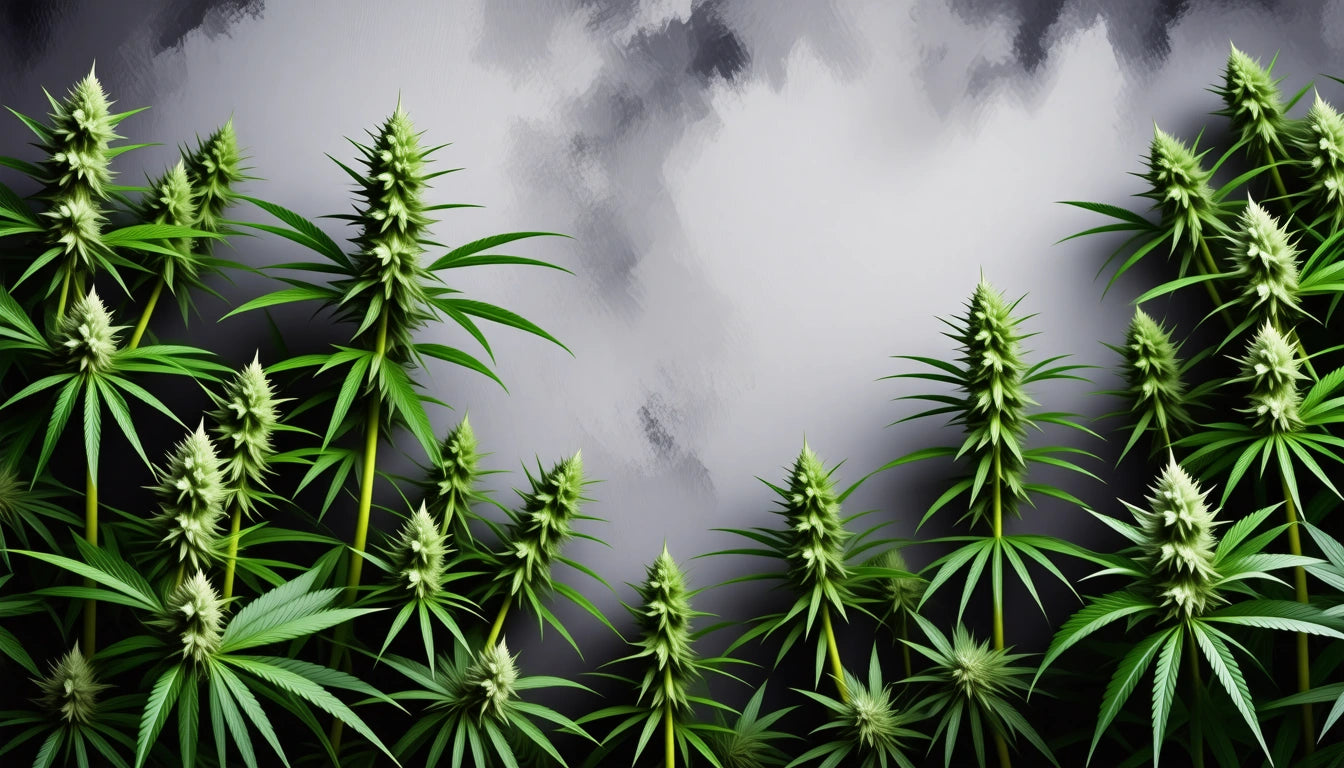 Green plants with pointed leaves and clustered buds against a cloudy gray background