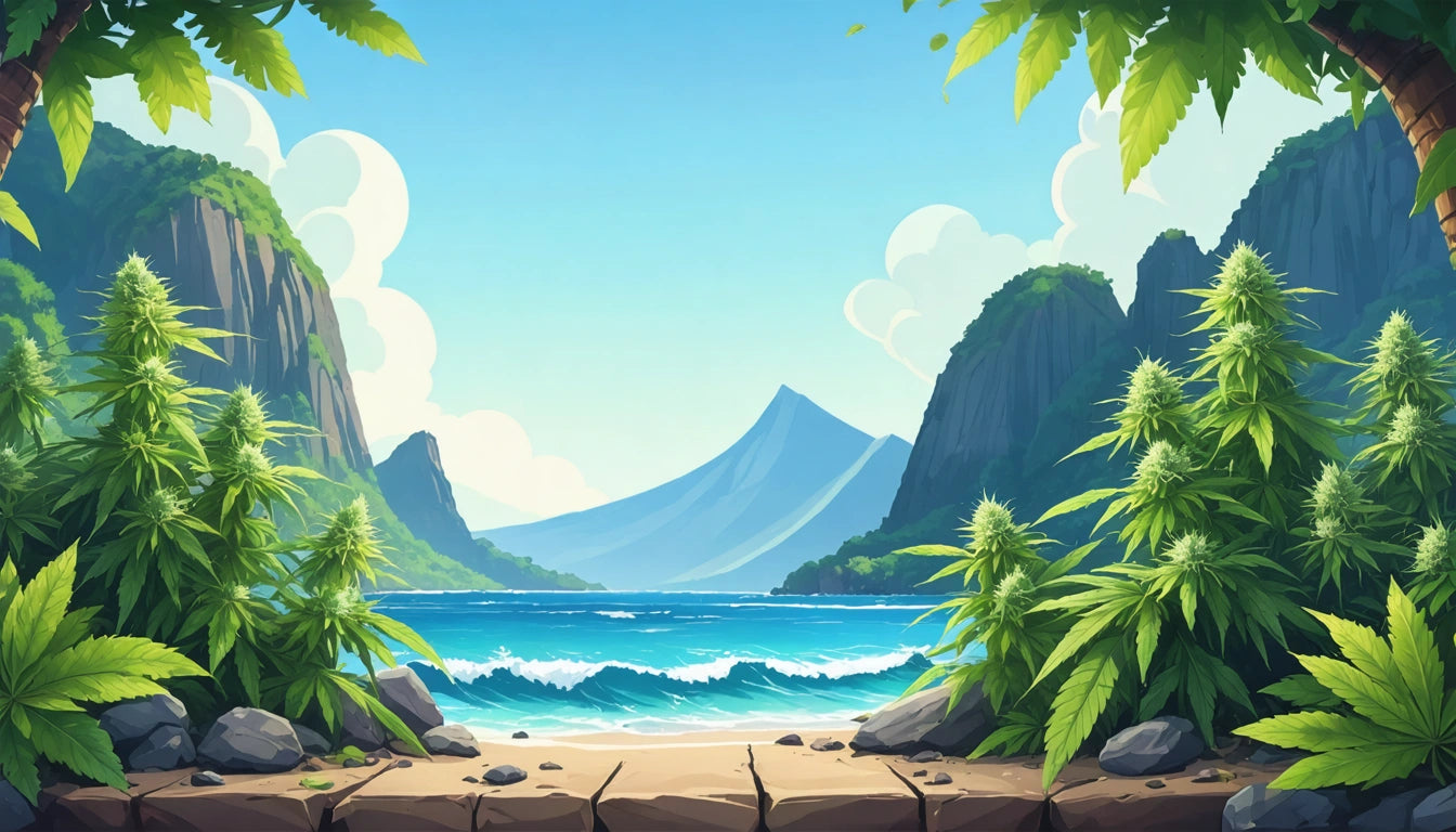Tropical beach with palm trees, mountains in background, blue ocean waves, and clear sky with fluffy clouds