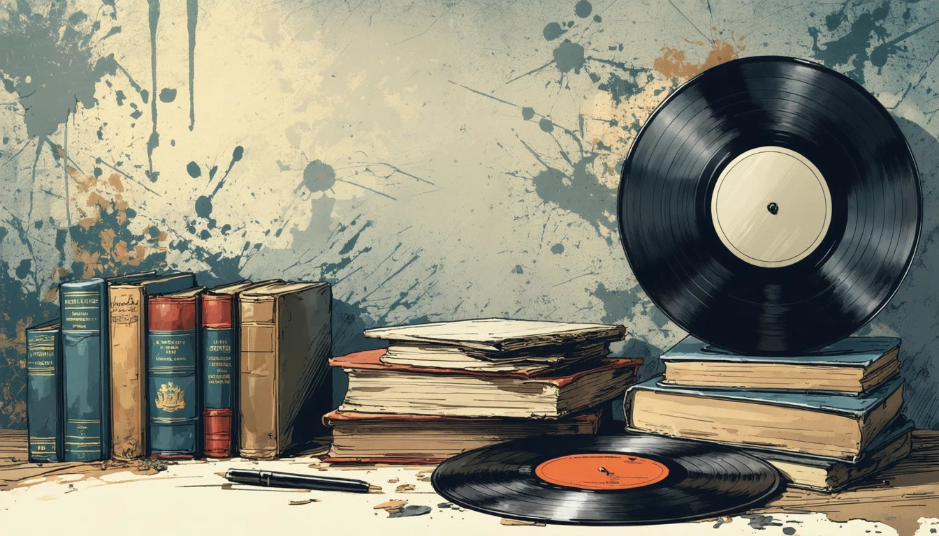 Stacks of books and vinyl records on a splattered paint background, with a pen lying on the table