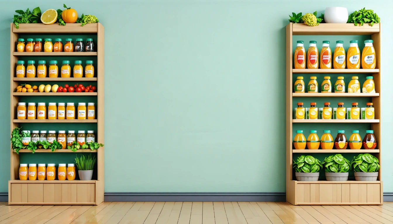 Two wooden shelves with colorful jars and bottles, flanked by potted plants, against a light green wall on a wooden floor