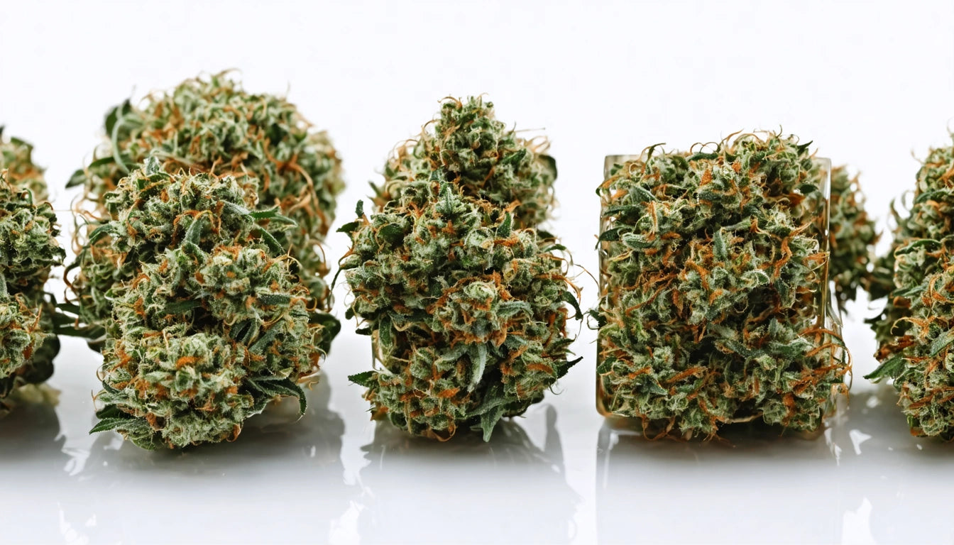 Five dense green buds with orange hairs on a reflective white surface