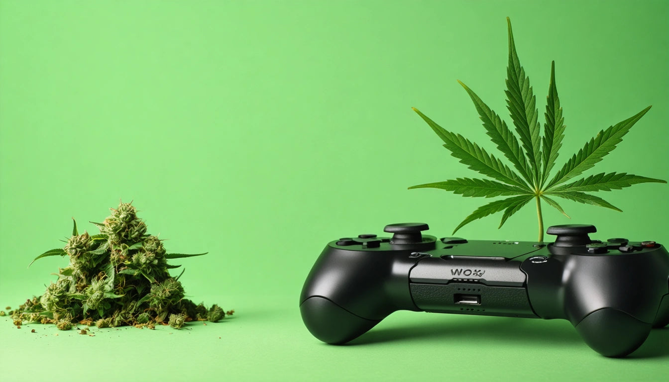 Black game controller next to a cannabis leaf and a small pile of cannabis buds on a bright green background