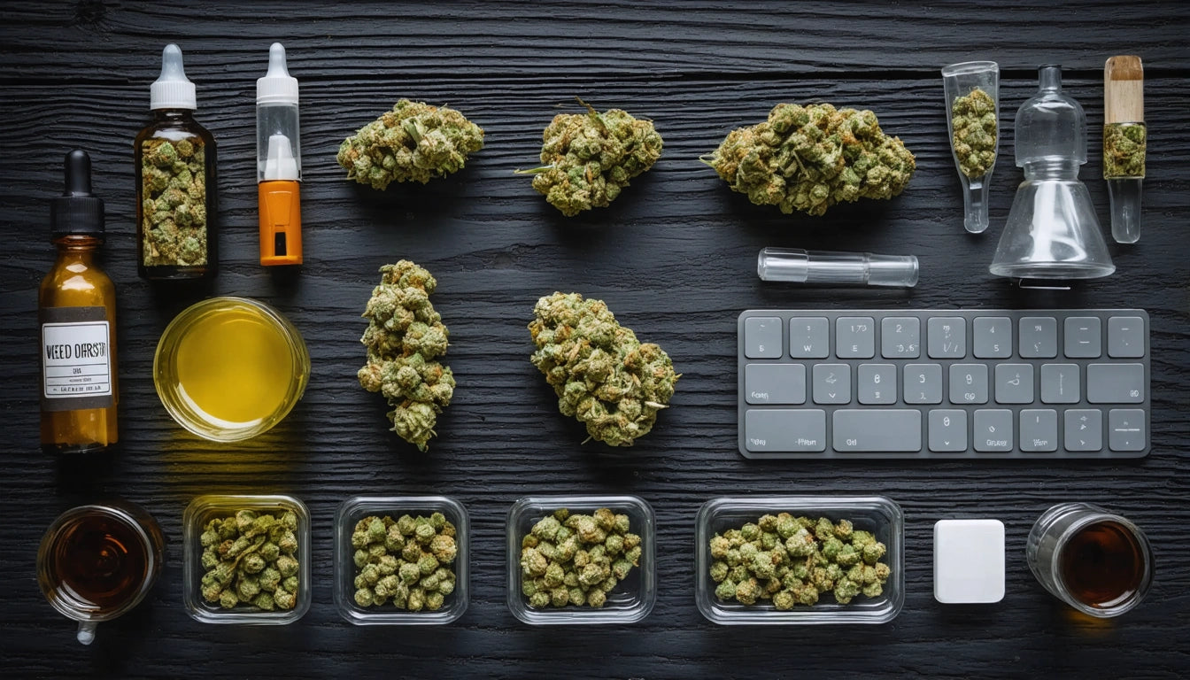 Various cannabis buds, vials, and bottles arranged on a dark wooden surface alongside a keyboard and glass containers