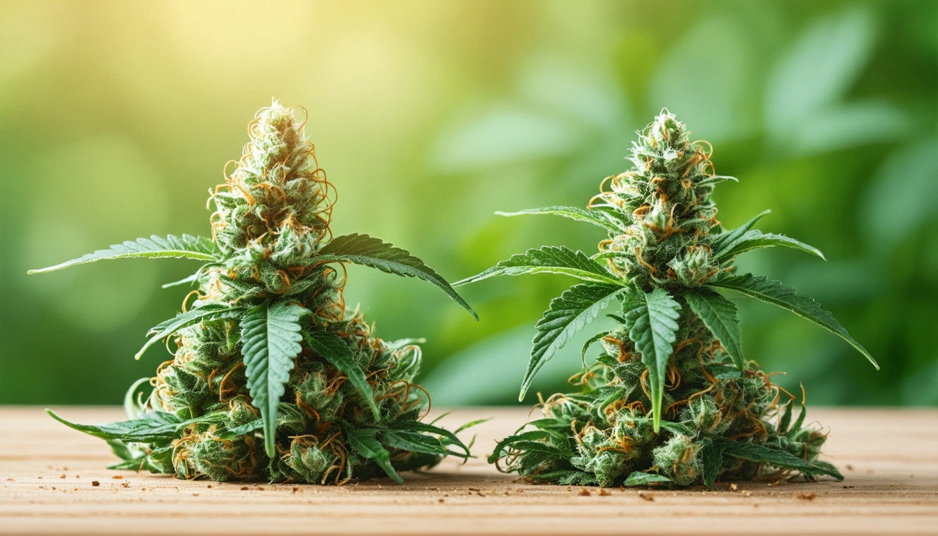 Two cannabis buds with green leaves on a wooden surface, blurred green background
