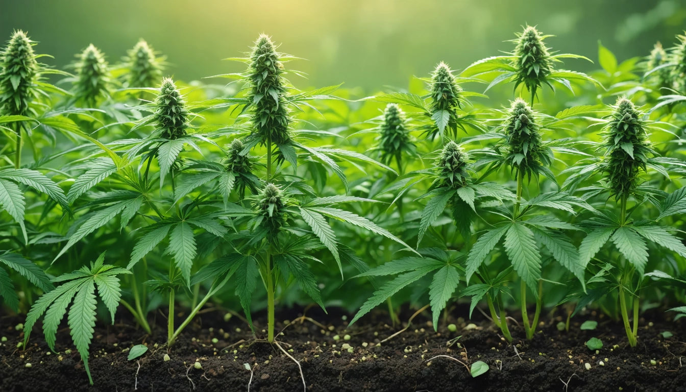 Green plants with serrated leaves and dense clusters, growing in dark soil under soft, diffused sunlight