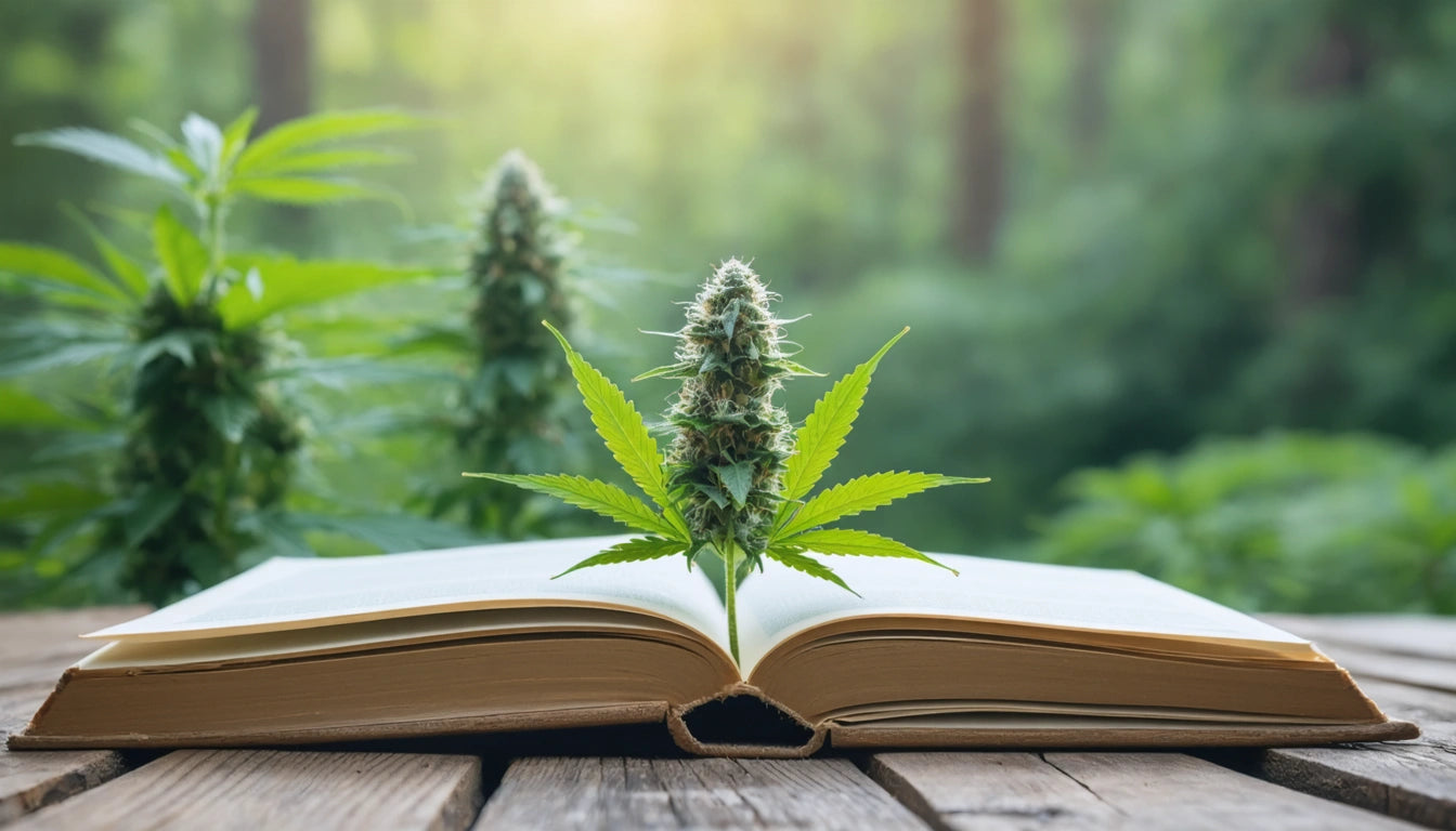 Open book on wooden table with cannabis plant growing from pages, blurred green foliage in background