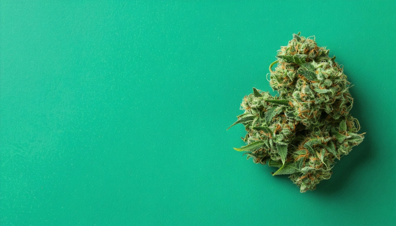 Green, leafy plant bud with orange hairs on a solid teal background