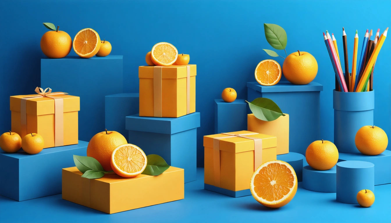 Orange gift boxes and whole oranges with leaves on blue platforms, pencils in a blue holder, against a blue background