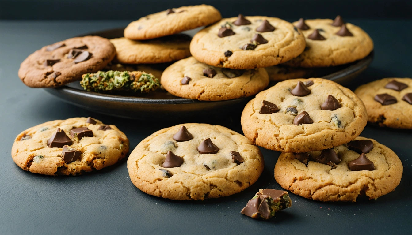 Chocolate chip cookies piled on a dark plate, with a few cookies and crumbs scattered on a dark surface