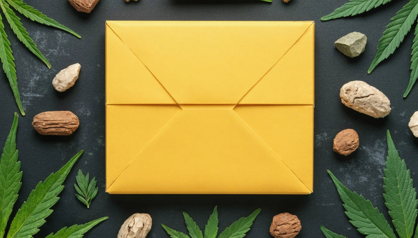 Yellow envelope centered on dark surface, surrounded by scattered stones and green leaves