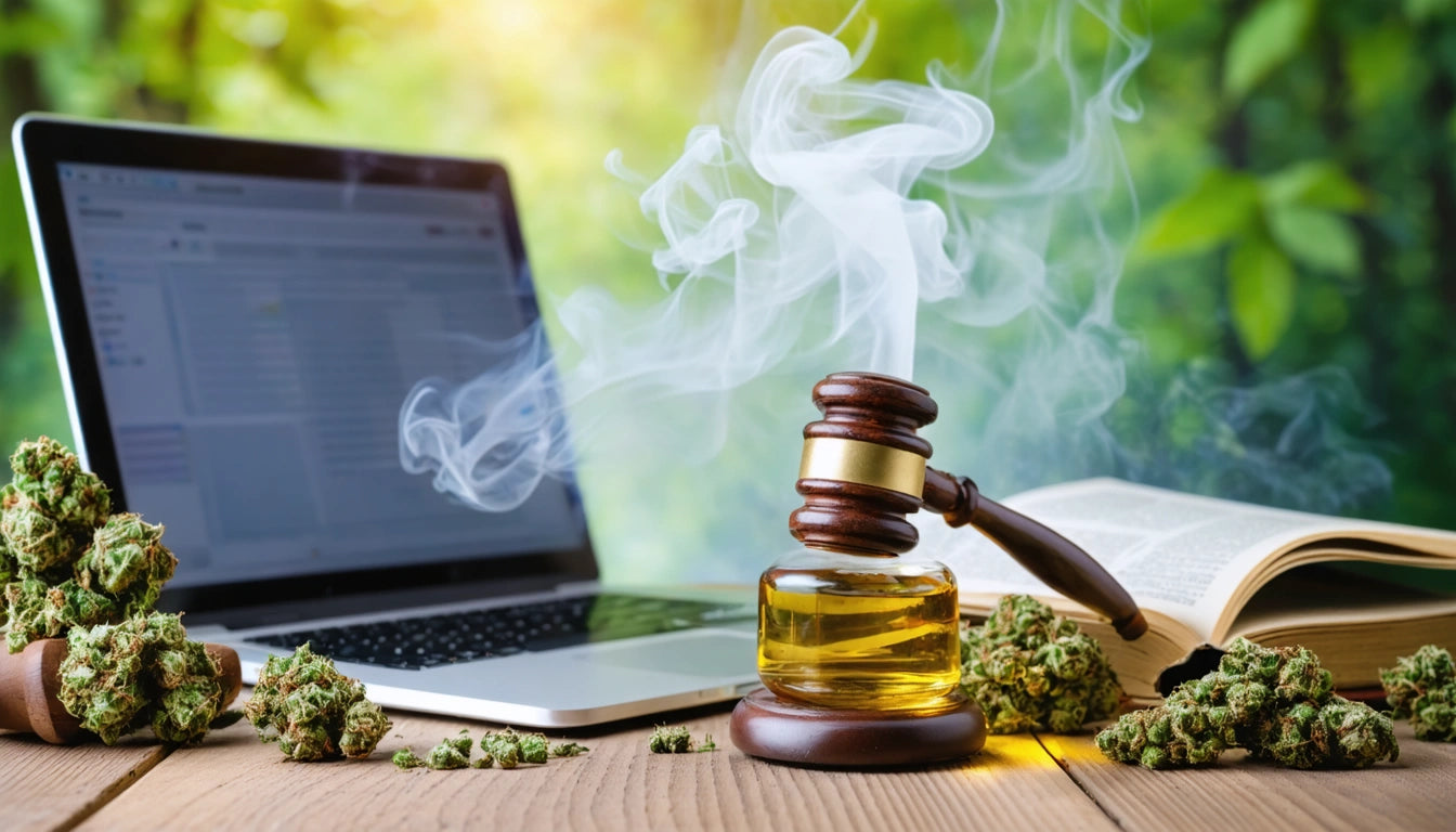 Gavel on jar with smoke, laptop, open book, and cannabis buds on wooden table, green foliage background