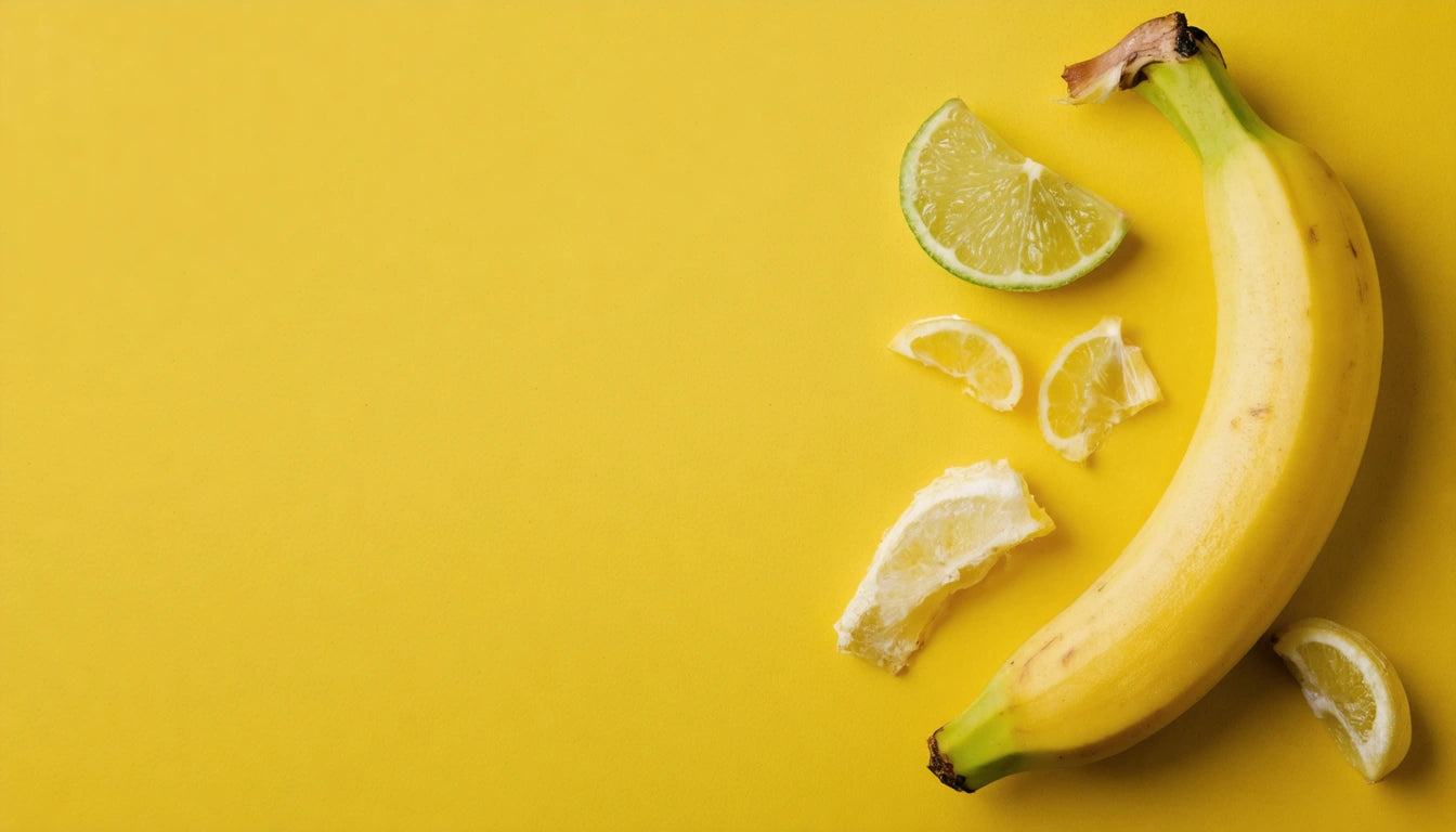 Banana and lime slices on a bright yellow background