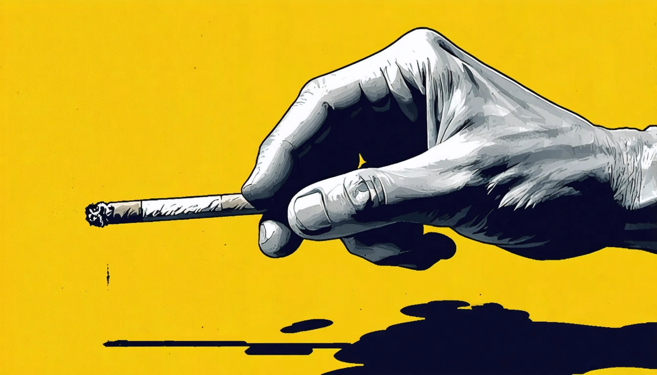 A grayscale hand holding a lit cigarette against a bright yellow background with black shadows
