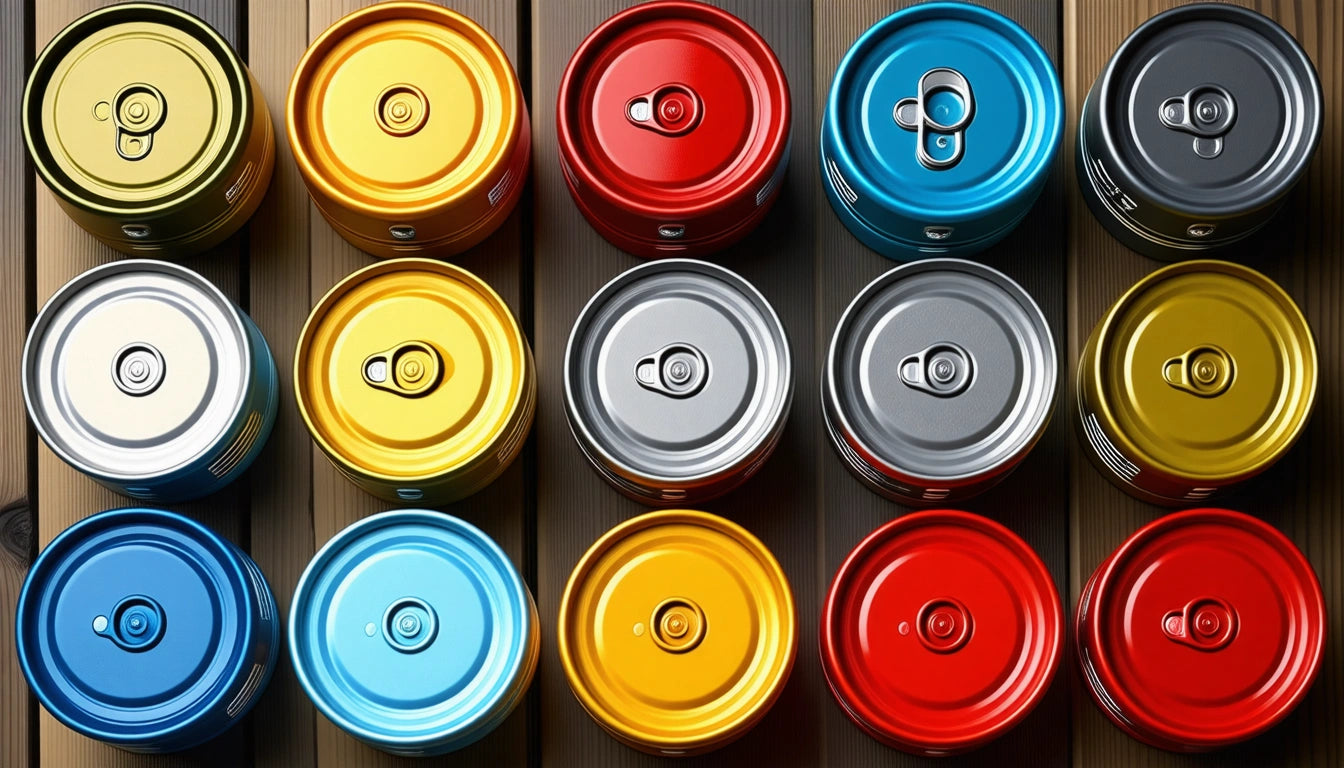 Twelve colorful soda cans in rows, featuring red, blue, yellow, and silver tops on a wooden surface