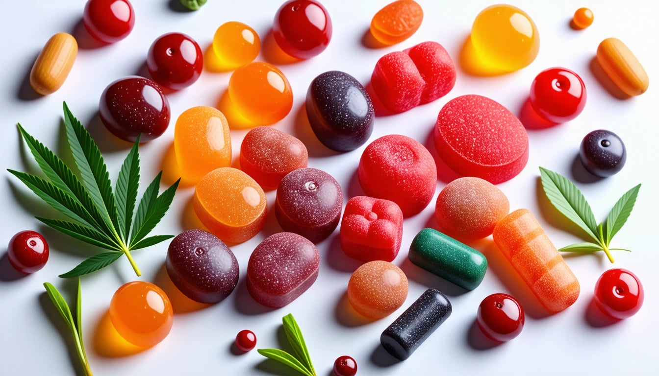 Assorted colorful gummies and capsules scattered on a white surface with green leaves