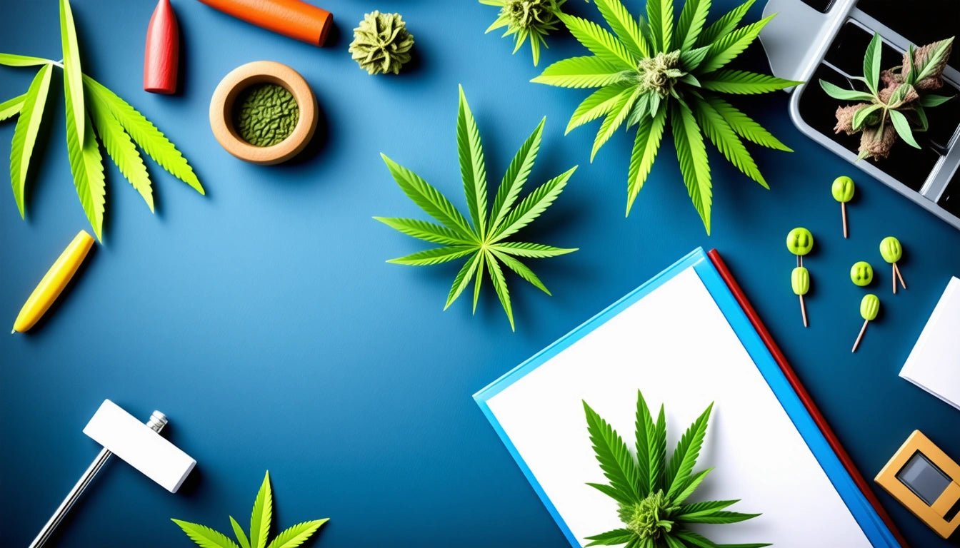 Green leaves and small plants on a blue surface, with a notebook, pen, and small containers nearby