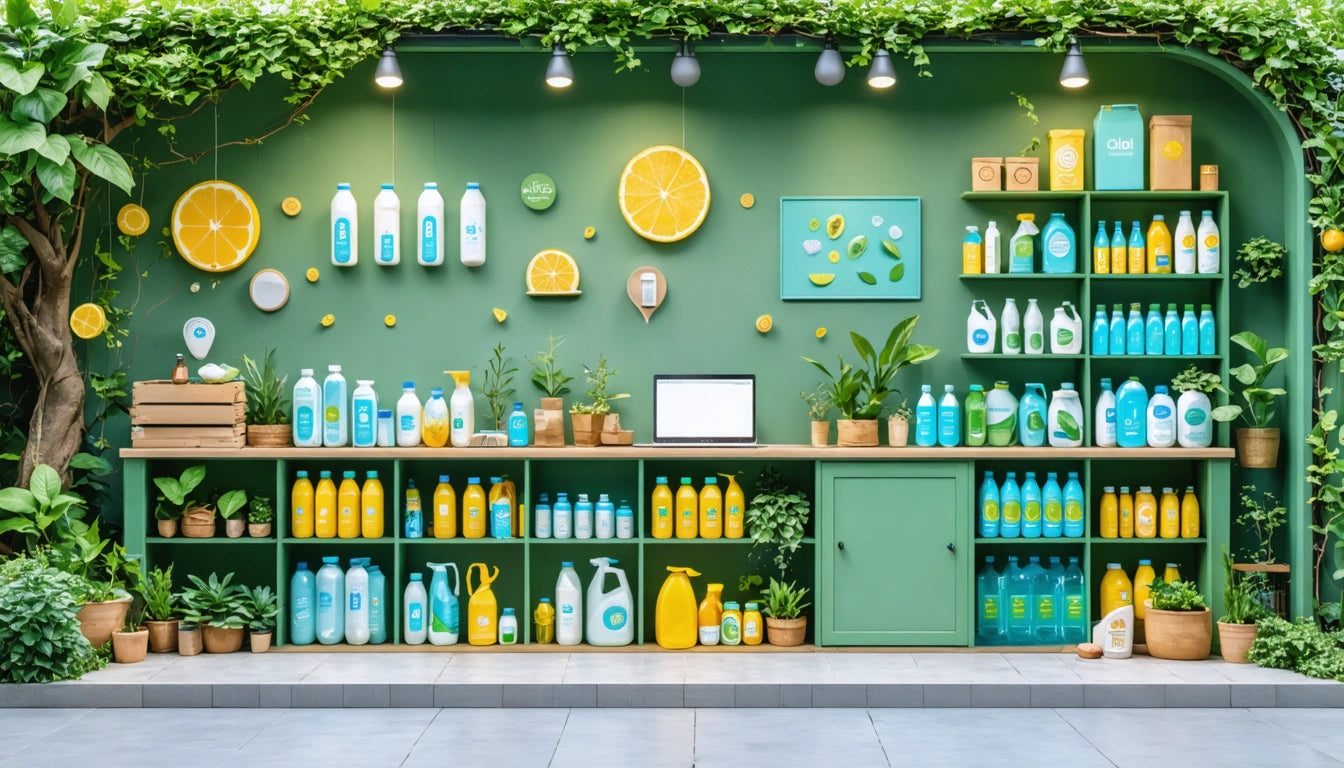 Green wall with shelves of colorful bottles, plants, and citrus decorations; a laptop sits on the counter
