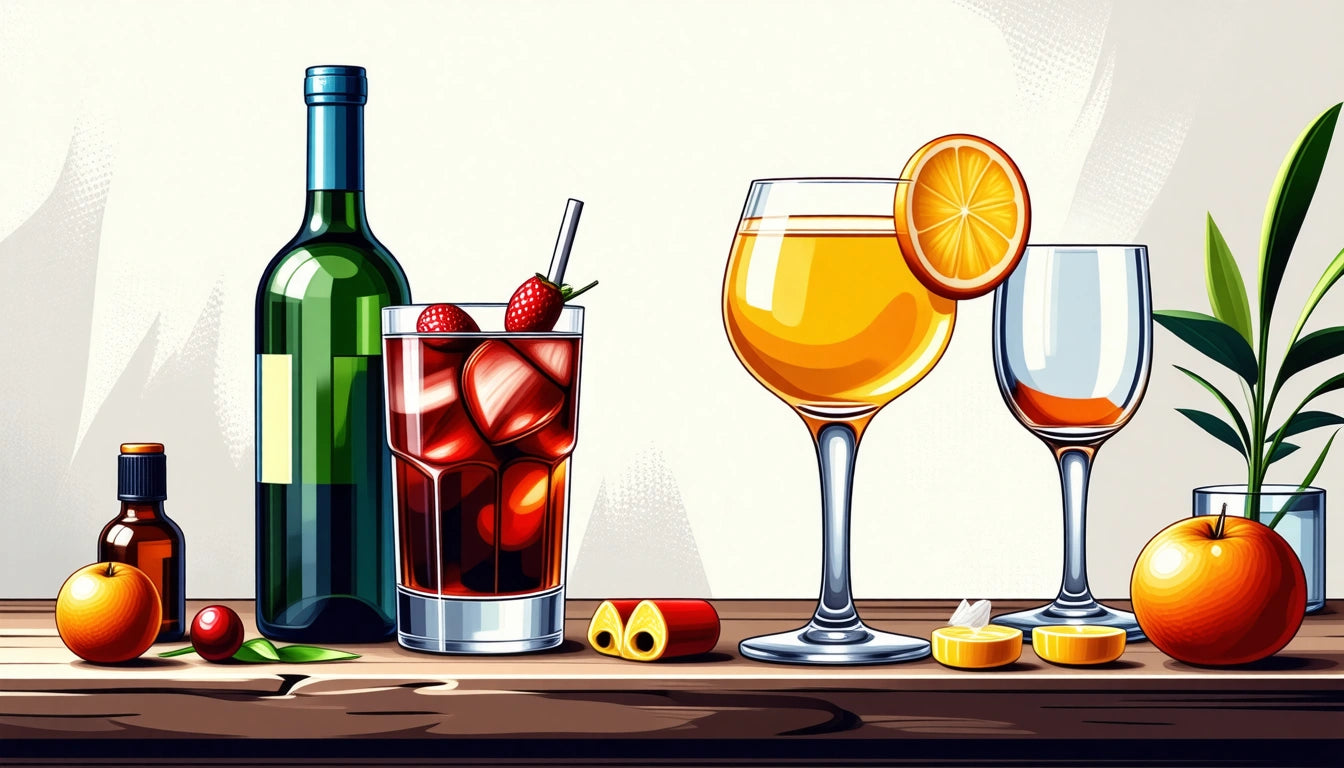 Wine bottle, cocktail with ice and strawberries, orange juice with slice, empty glass, small bottles, and fruit on wooden surface