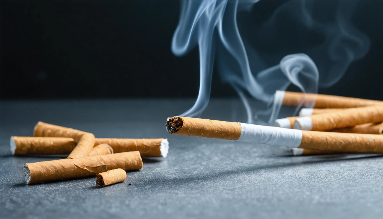 Lit cigarette with smoke rising, surrounded by several unlit cigarettes on a dark surface