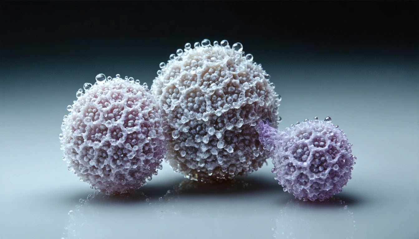 Three spherical objects covered in translucent beads, two larger and one smaller, on a reflective surface with soft lighting