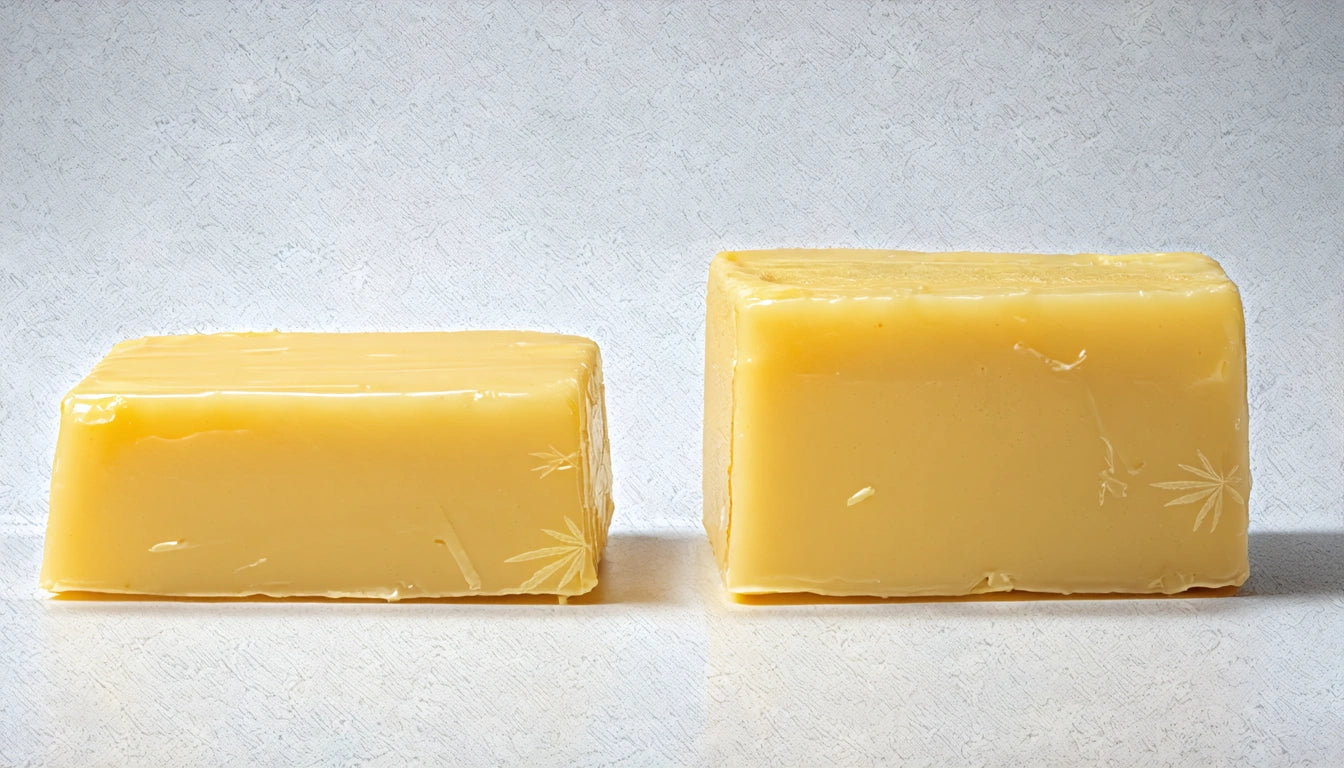 Two rectangular blocks of yellow butter on a light textured surface, one slightly taller than the other