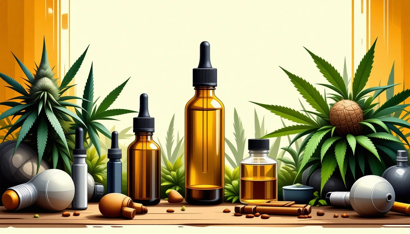 Amber glass dropper bottles on a wooden surface, surrounded by green plants and various small containers