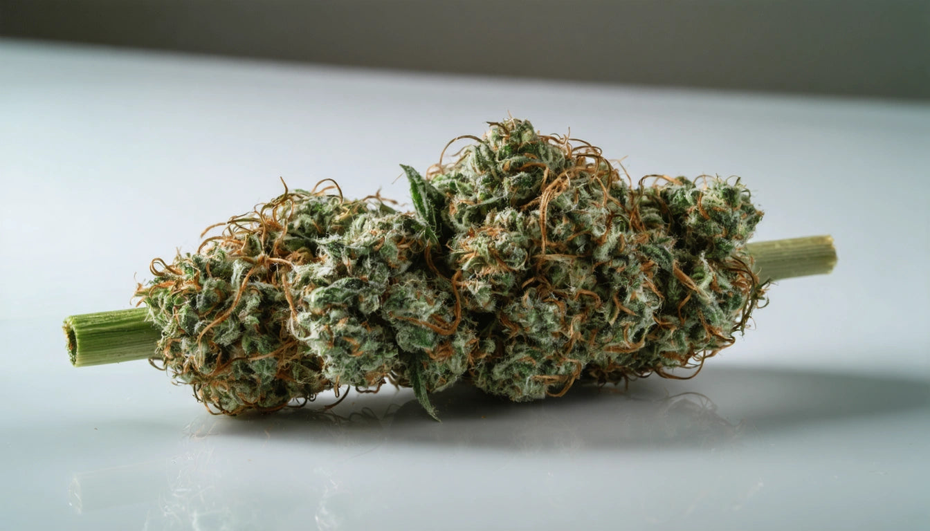 Dense, green bud with orange hairs and frosty crystals, resting on a smooth, white surface