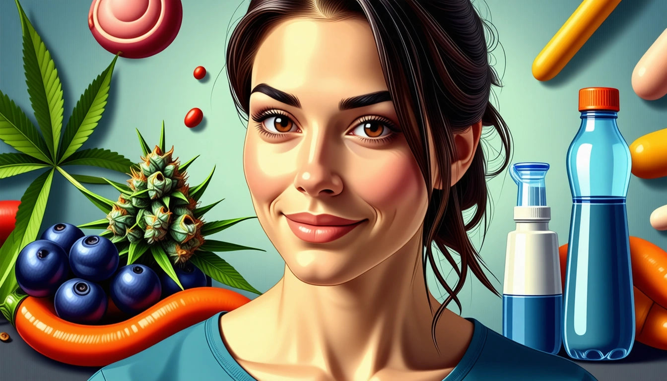 Smiling person with dark hair, surrounded by blueberries, a pineapple, a leaf, bottles, and colorful shapes on a blue background