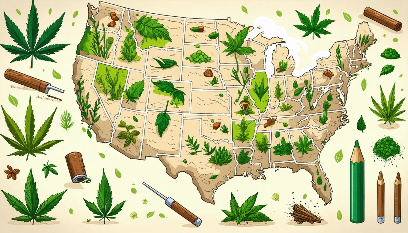 Map of the United States with various green leaves and plants illustrated on each state, surrounded by scattered leaves and pencils