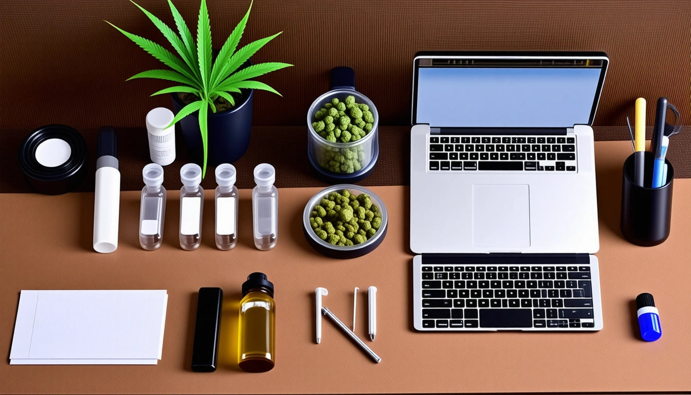 Laptop on desk with blank screen, surrounded by potted plant, jars of green buds, bottles, pens, and a blue pill bottle