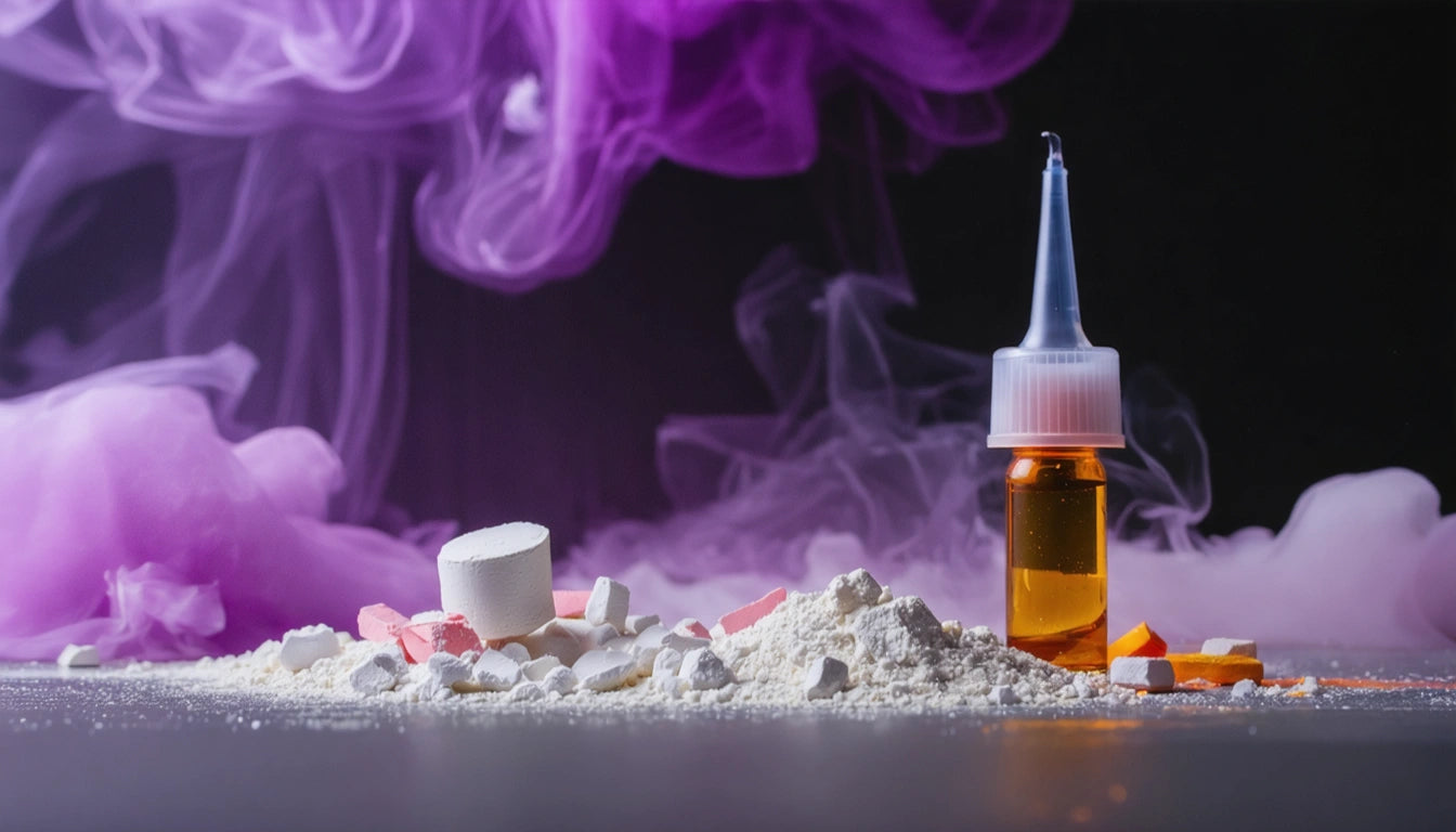 Purple and white smoke behind a pile of white powder, colorful pills, and a small amber bottle with a dropper cap