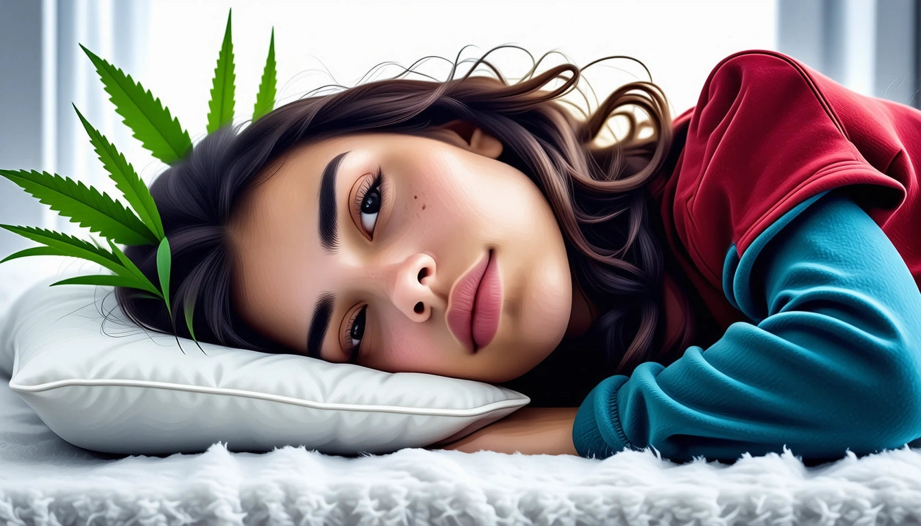 Woman with long hair lying on pillow, wearing red and teal clothing, with green leaves in her hair, soft lighting