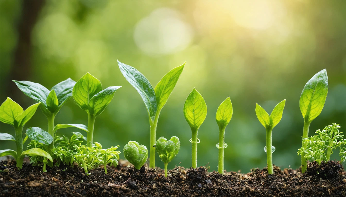 Various green seedlings sprouting from soil, with sunlight in the background