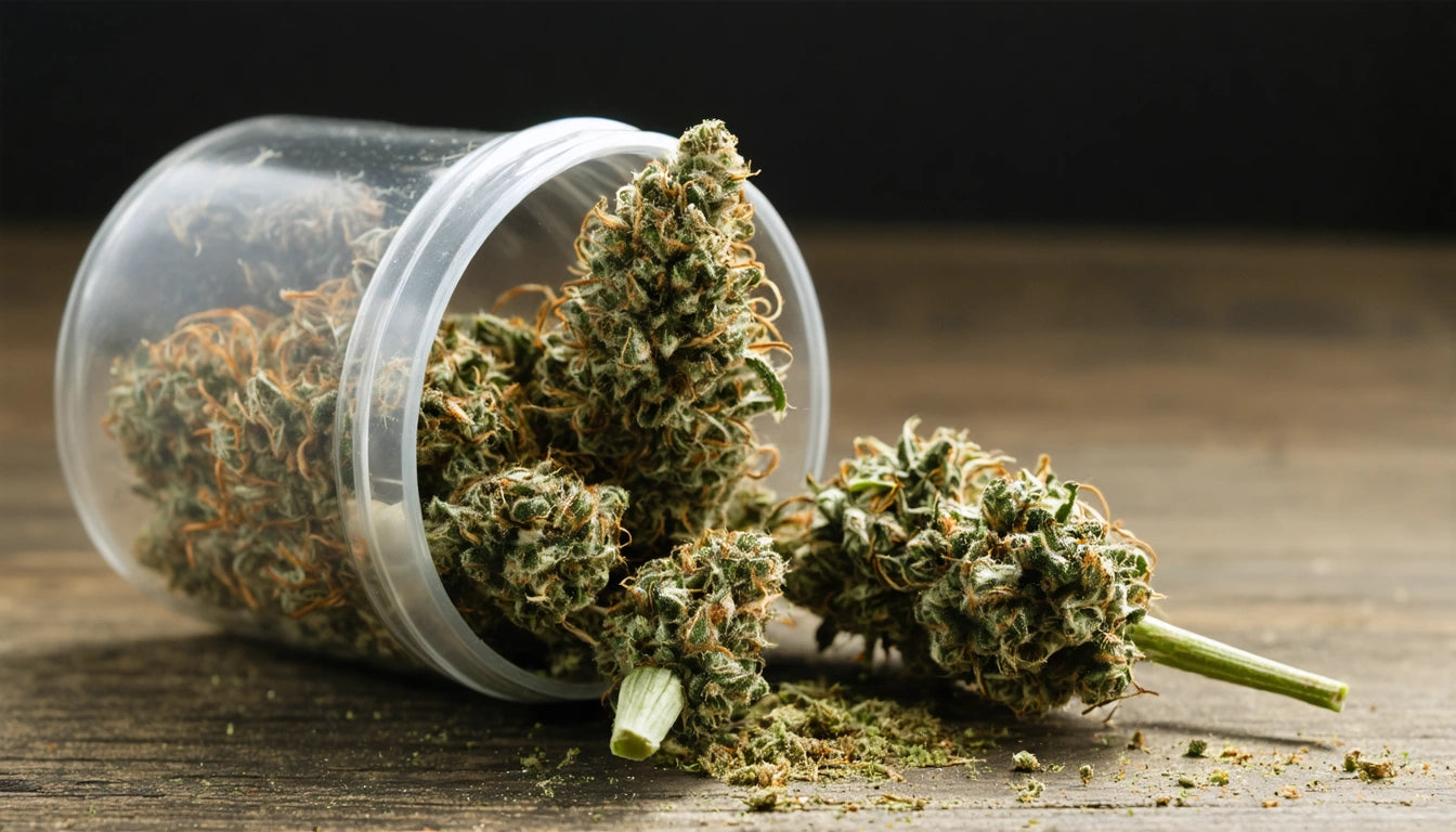 Clear plastic container tipped over, spilling green, leafy plant material with orange strands onto a wooden surface