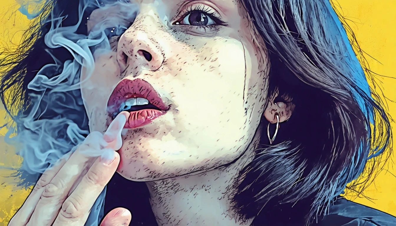 Woman with short dark hair and hoop earring exhales smoke, holding a cigarette near lips against a yellow background