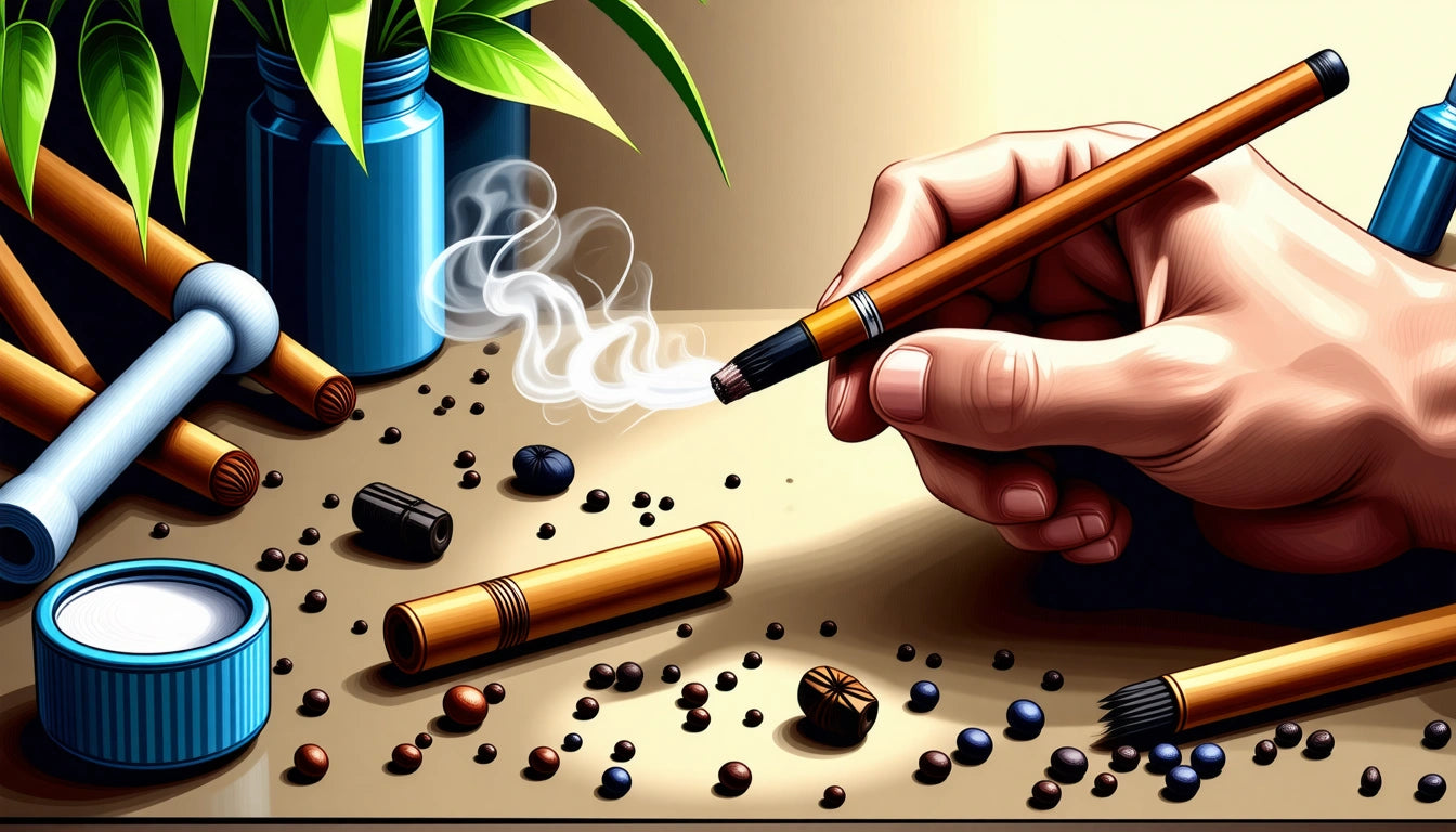 Hand holding a smoking incense stick, surrounded by scattered beads, blue jars, and green leaves on a beige surface