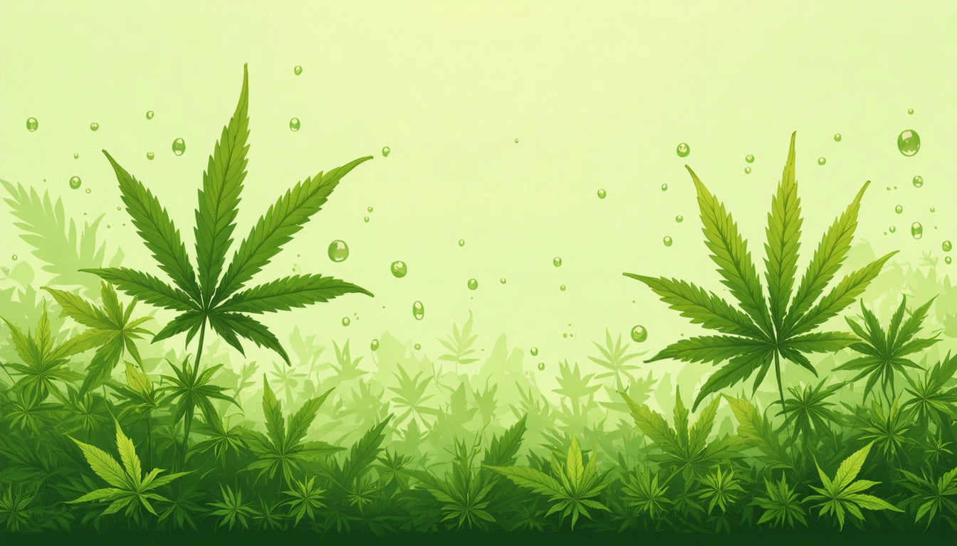 Green cannabis leaves with small bubbles on a light green background